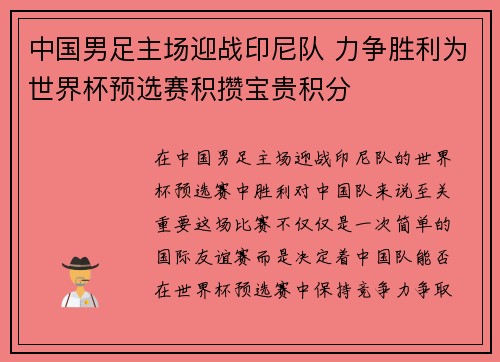 中国男足主场迎战印尼队 力争胜利为世界杯预选赛积攒宝贵积分